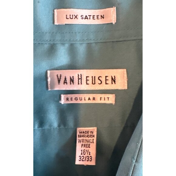 VanHeusen Shirt Lux Sateen Reg Fit Long Sleeve 16.5 Lrg 32/33 Wrinkle Free Teal - Picture 2 of 7